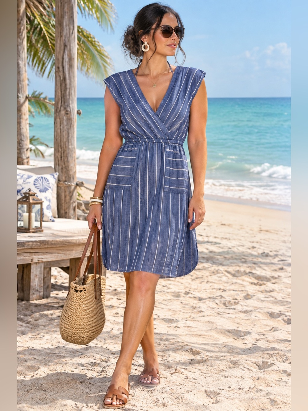 Universal Thread Blue & White Striped Midi Wrap Dress